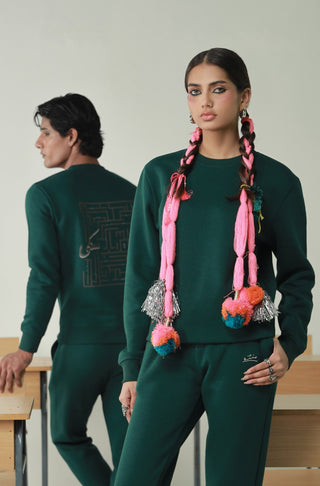 Manto's Unisex Premium Fleece Green Sanki Sweatshirt Featuring Urdu Sanki Motif at the back Paired with Pink Jogger Pants