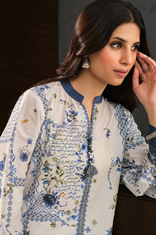 Manto Women's Ready to Wear Lawn Kurta in White & Blue Color with Urdu Calligraphy