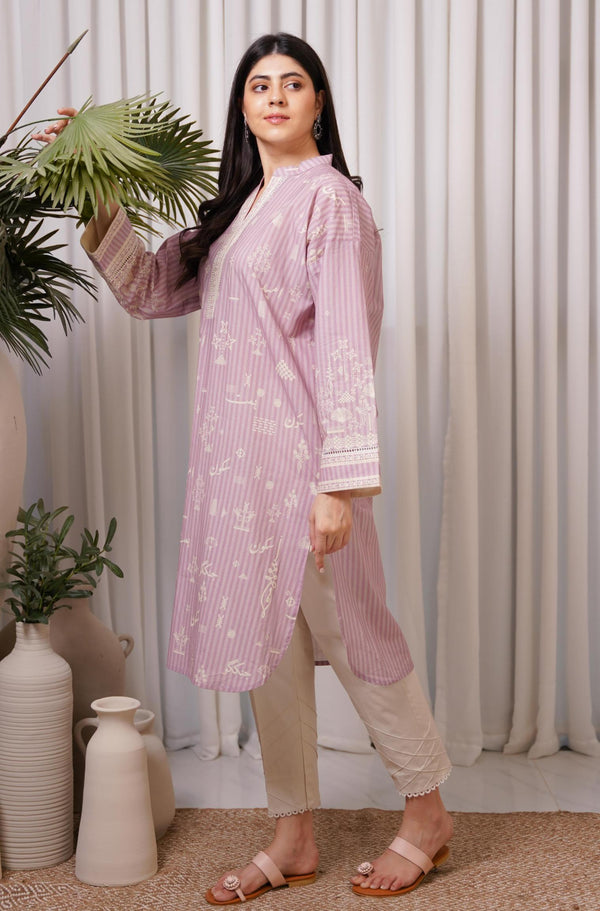 Shopmanto UK, Pakistani urdu calligraphy clothing brand manto UK ready to wear women one piece sukoon (peace) soft lilac eastern long urdu straight shirt kurta