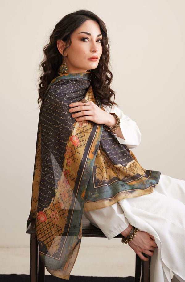 Shopmanto UK, manto UK, manto pakistani clothing brand, urdu calligraphy clothes, manto UK ready to wear black azmat (aura of excellence) urdu silk scarf, pakistani urdu silk scarf stole