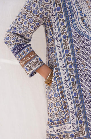 Shopmanto UK, manto pakistani clothing brand, urdu calligraphy clothes, manto UK ready to wear two piece gul-e-jahaan (world of florals) blue long shirt kurta with swiss lawn long shawl scarf dupatta for women, pakistani urdu long shirt