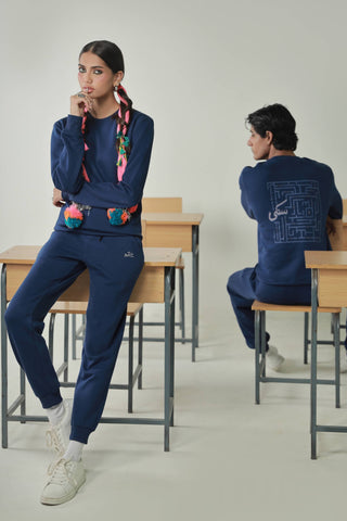 Manto's Unisex Premium Fleece Blue Sanki Sweatshirt featuring Urdu  Sanki Motif at the Back Paired with Blue Jogger Pants