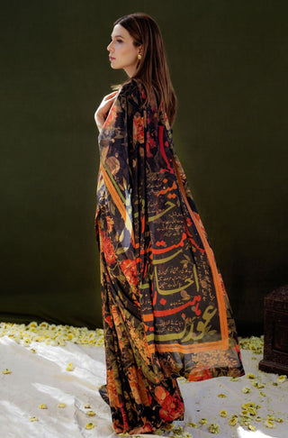 Shopmanto UK, manto pakistani clothing brand, urdu calligraphy clothes, manto UK pre stitched saree black with floral print and solid black unstitched blouse featuring urdu words calligraphed all over saree
