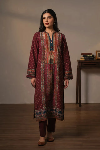 3 piece printed co-ord set in Maroon color made from premium cotton silk.