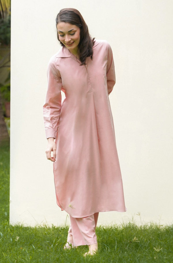 Shopmanto UK, Pakistani urdu calligraphy clothing brand manto UK ready to wear women two piece mira soft pink wash n wear coord set