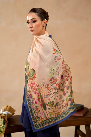 Lightweight printed crinkle silk beige scarf, featuring Urdu calligraphy throughtout.