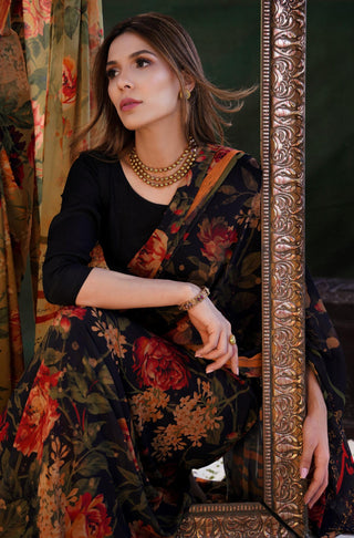 Shopmanto UK, manto pakistani clothing brand, urdu calligraphy clothes, manto UK pre stitched saree black with floral print and solid black unstitched blouse featuring urdu words calligraphed all over saree