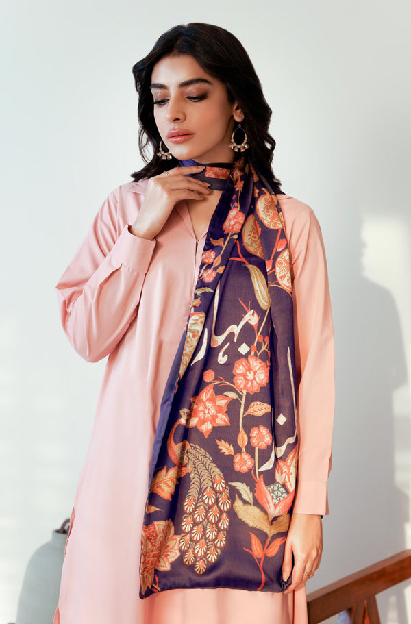 Shopmanto UK, manto pakistani clothing brand, urdu calligraphy clothes, manto UK ready to wear gulnaar (fruit flora) purple urdu silk stole scarf, pakistani urdu silk scarf stole