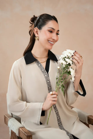 Manto Women's Ready to Wear Beige 2 Piece Matching Co-Ord Set with Embroidery