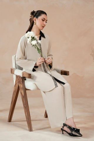 Manto Women's Ready to Wear Beige 2 Piece Matching Co-Ord Set with Embroidery