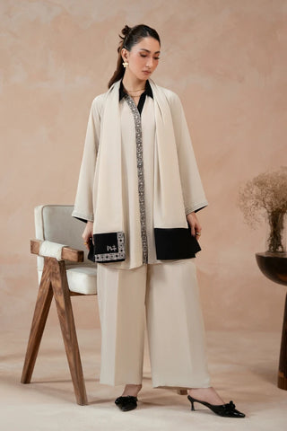 Manto Women's Beige Embroidered Scarf Paired with Beige Outfit