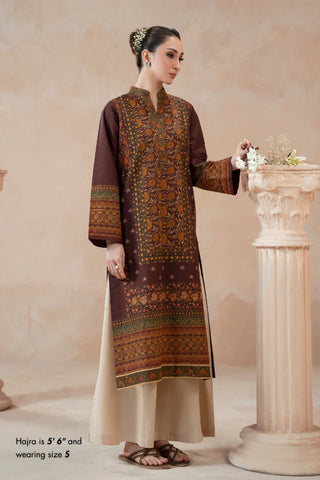 Manto's ready to wear plum lawn Zuri kurta with Urdu calligraphy of poetry by Nida Fazli