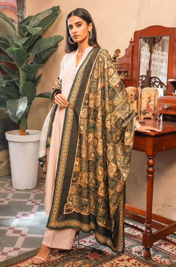 Shopmanto UK, Pakistani urdu calligraphy clothing brand manto UK ready to wear one piece jugnu (firefly) royal green odhni dupatta scarf shawl