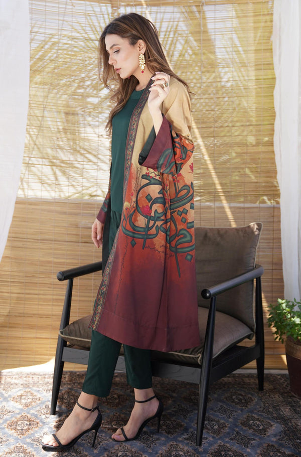 Shopmanto UK, Pakistani urdu calligraphy clothing brand manto UK ready to wear one piece shades of sunset noor (light of grace) women long shrug outerwear cape crepe silk