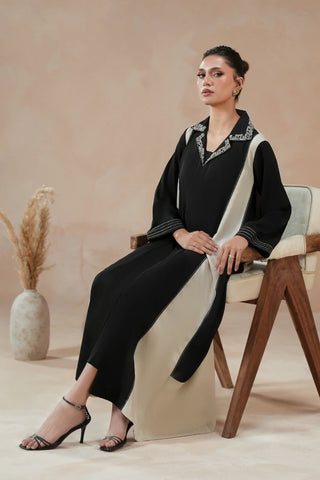 Manto Women's Ready to Wear Black & Beige 2 Piece Matching Co-Ord Set with Embroidery