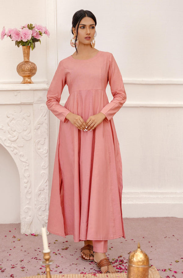 Shopmanto UK, manto UK, manto pakistani clothing brand, urdu calligraphy clothes, gown with dupatta, manto UK ready to wear two piece rose gold jahaan (universe) anarkali coord set with long frock with pockets straight pants and chiffon dupatta for women, festive collection pakistani clothes