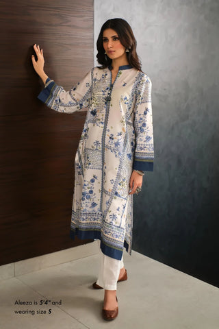 Manto Women's Ready to Wear Lawn Kurta in White & Blue Color with Urdu Calligraphy