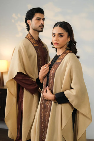 Shop Azal Cape is made using Acrylic Wool in beige work.