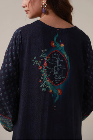 2-piece set in blue color, featuring  the words of Mir Taqi Mir calligraphed throughout.
