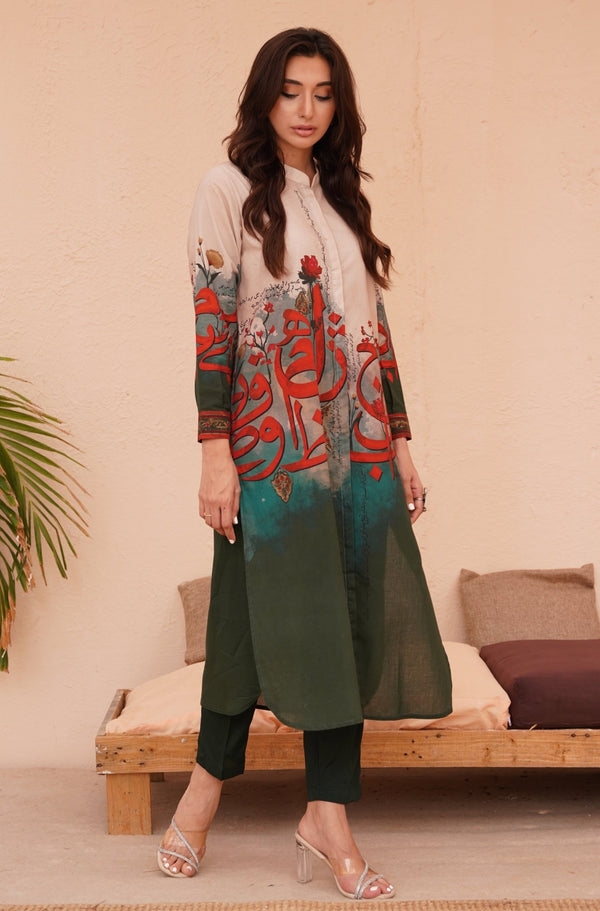 Shopmanto UK, Pakistani urdu calligraphy clothing brand manto UK ready to wear one piece noor (light of grace) shades of forest women long shirt button down front open