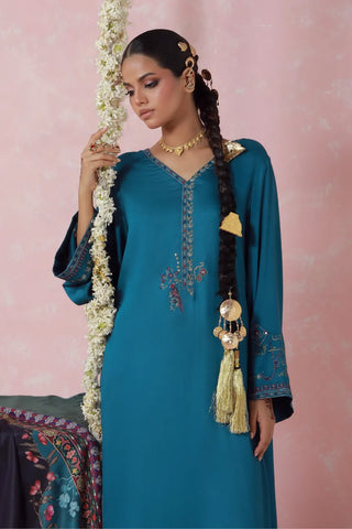 Blue Co-Ord Set, features herringbone short shirt and shalwar, embroidered with Mir Taqi Mir’s poetry.