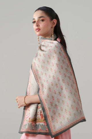 Pink Stole made from crinkle silk and is calligraphed with the words of Ahmad Faraz throughout.