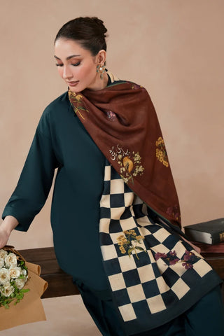 Printed brown winter stole with Urdu calligraphy