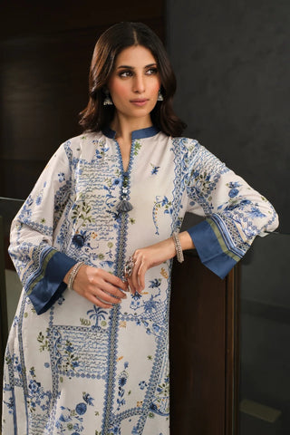 Manto Women's Ready to Wear Lawn Kurta in White & Blue Color with Urdu Calligraphy