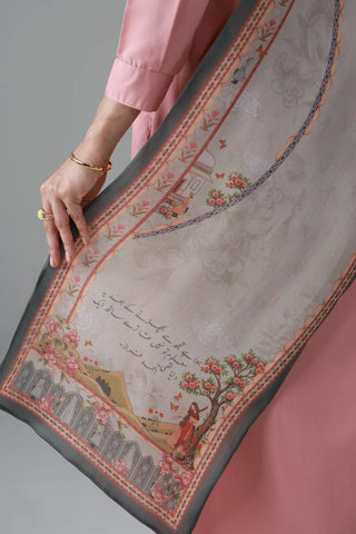 Pink Stole made from crinkle silk and is calligraphed with the words of Ahmad Faraz throughout.