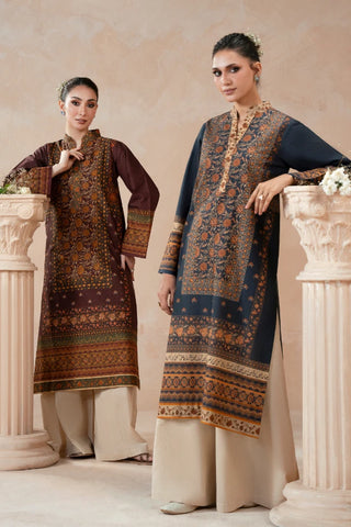 Manto's ready to wear plum lawn Zuri kurta with Urdu calligraphy of poetry by Nida Fazli