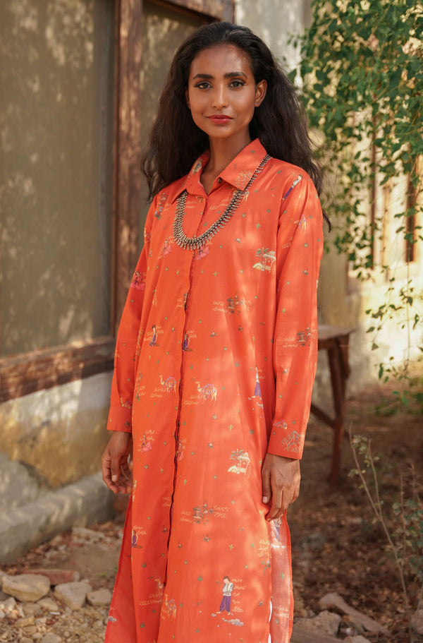 Shopmanto UK, manto UK, manto pakistani clothing brand, urdu calligraphy clothes, manto UK ready to wear one piece diwani (madly in love) rustic orange long shirt for women, pakistani urdu long shirt