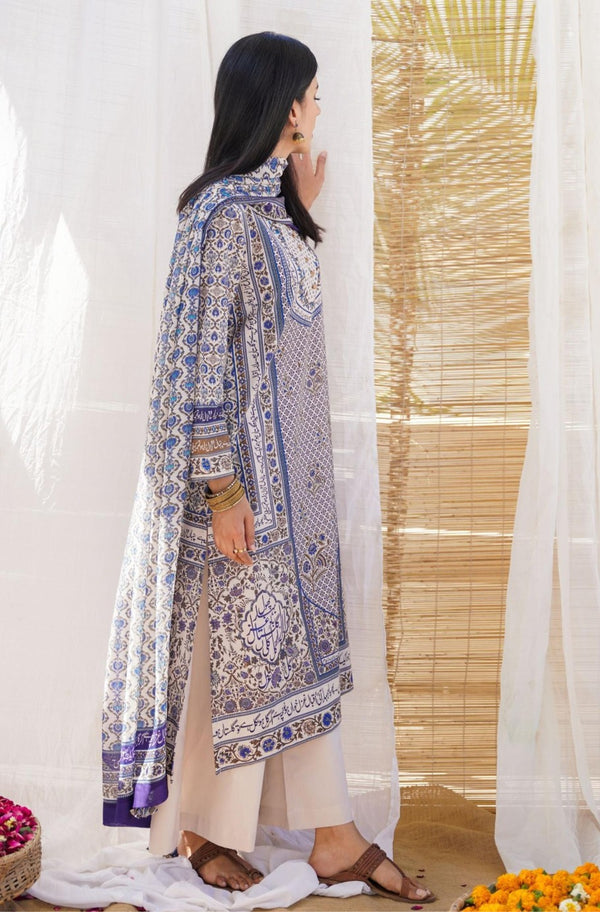 Shopmanto UK, manto pakistani clothing brand, urdu calligraphy clothes, manto UK ready to wear two piece gul-e-jahaan (world of florals) blue long shirt kurta with swiss lawn long shawl scarf dupatta for women, pakistani urdu long shirt