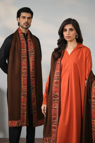 Safarnama Shawl is a orange shawl, features the words of Kaif Moradaabadi