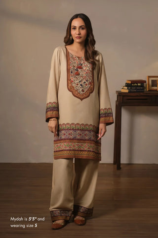Women's Ready to Wear Printed Beige 2 Piece Set with Urdu Calligraphy