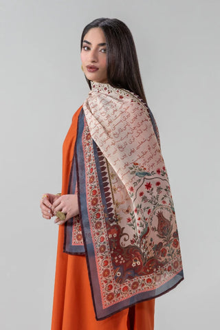 Printed Beige stole made from Crinkle Silk, calligraphed with the words of Kaifi Azmi throughout.