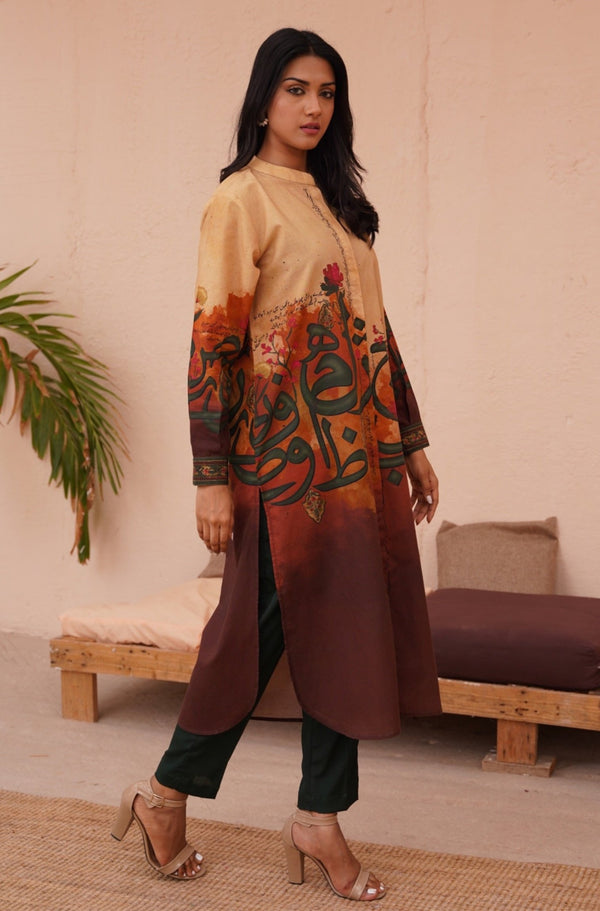 Shopmanto UK, Pakistani urdu calligraphy clothing brand manto UK ready to wear one piece noor (light of grace) shades of sunset women long shirt button down front open