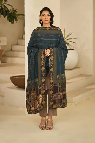 Shop Aashiyana Odhni, made from Cotton Silk in teal color, a printed odhni that features the words of Allama Iqbal.