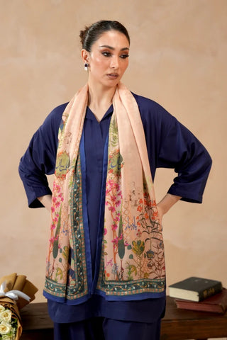Lightweight printed crinkle silk beige scarf, featuring Urdu calligraphy throughtout.
