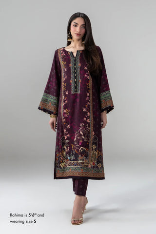 2-piece blended viscose set featuring a straight shirt and pants with Ibn-e-Insha’s words calligraphed throughout.
