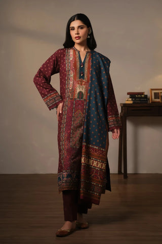 3 piece printed co-ord set in Maroon color made from premium cotton silk.