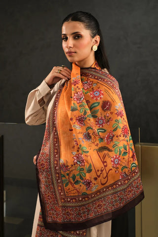 Manto Women's Crinkled Silk Mustard Rania Scarf Featuring Urdu Words 