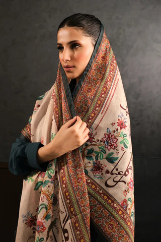 Manto Women's Crinkled Silk Beige Rania Scarf Featuring Urdu Words 