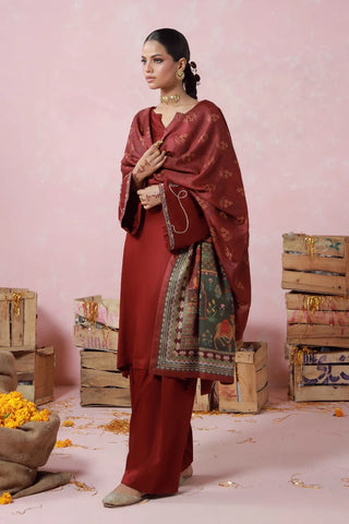 Red 2 piece herringbone set with a short shirt and shalwar, featuring urdu words.