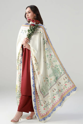 Printed viscose odhni featuring the words of Allama Iqbal calligraphed throughout.