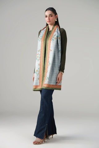 Blue color Herringbone printed stole featuring the words of Shakeeb Jalali calligraphed throughout.