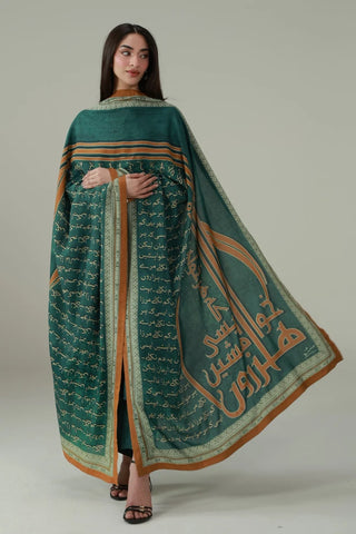 Raaz Shawl, made from Cotton Silk, features the urdu calligraphy printed throughout