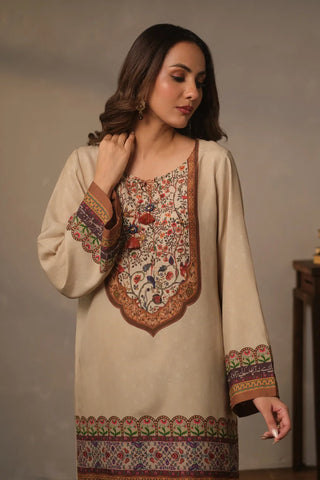 Women's Ready to Wear Printed Beige 2 Piece Set with Urdu Calligraphy