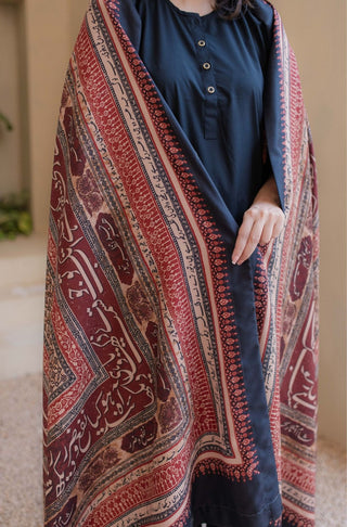 Shopmanto UK, Pakistani urdu calligraphy clothing brand manto UK ready to wear women one piece printed rashk (envious moon) maroon and tan double sided shawl long scarf odhni