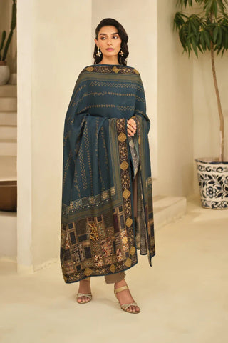 Shop Aashiyana Odhni, made from Cotton Silk in teal color, a printed odhni that features the words of Allama Iqbal.