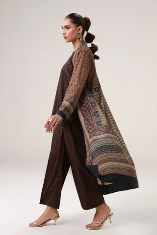Front-open long length printed shrug, featuring Urdu calligraphy of poetry by Allama Iqbal. 